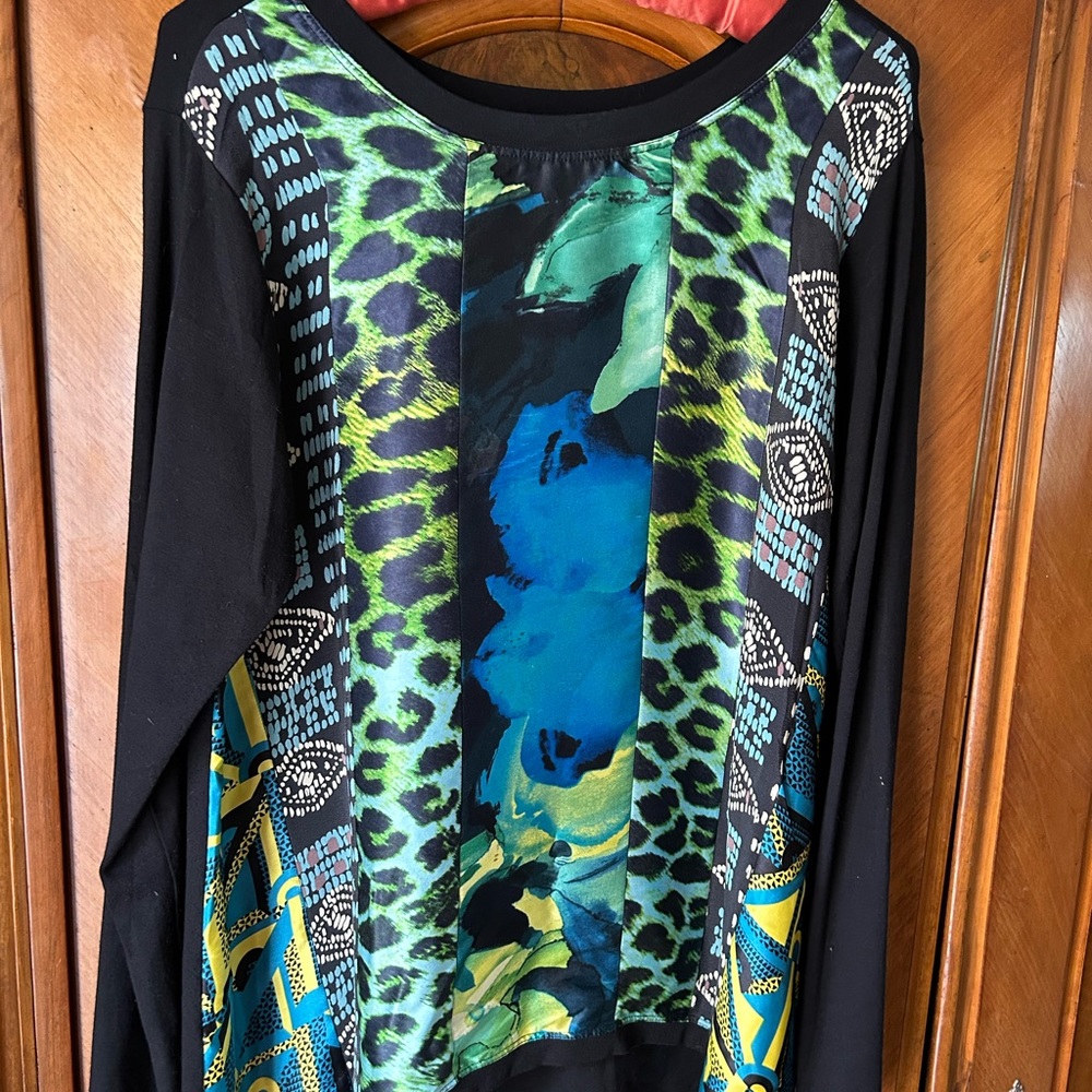 Harari silk blue green front panel blk knit back blouse ON SALE